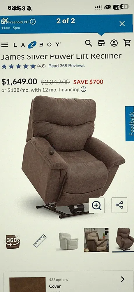 La-Z-Boy James Silver Power Lift Recliner Chair, Brown, 40+" H/L/W