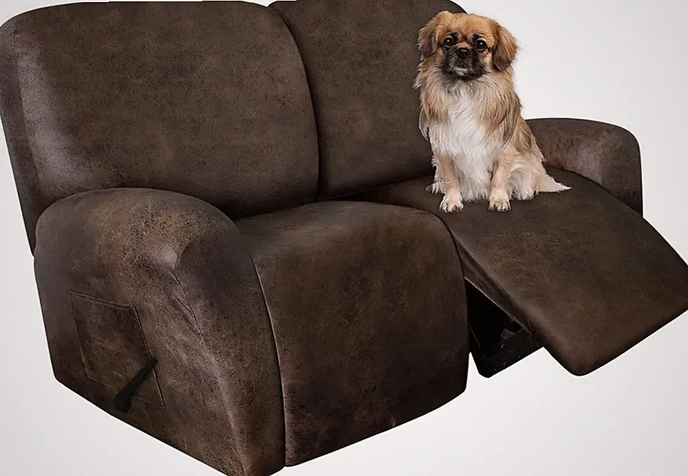 Leather Look Loveseat Recliner Cover, 6-Piece Washable Spandex, 2 Seater, Brown
