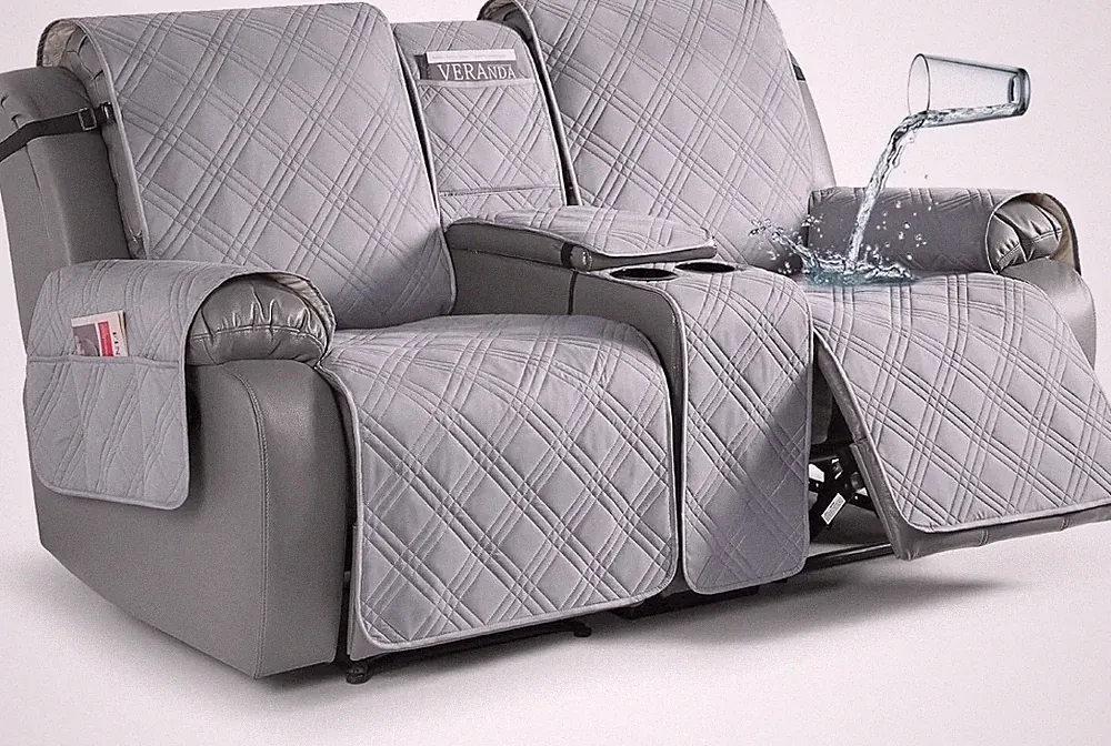 Loveseat Recliner Cover with Center Console, Waterproof (2 Seater, Light Grey)