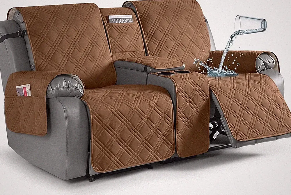 Loveseat Recliner Cover with Console, 100% Waterproof Pet & Kids Protector Brown