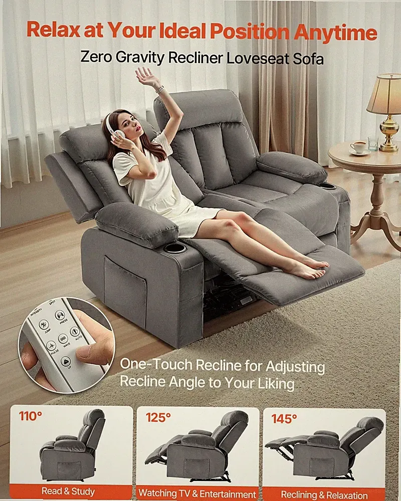 Loveseat Recliner Sofa, Power Reclining Couch with Heating and Massage, Grey