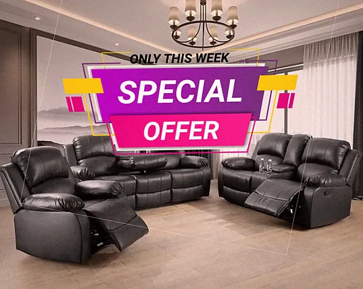 NEW 3PC Sofa Loveseat Chair Black Leather Living Room 5-Seater Recliners Set