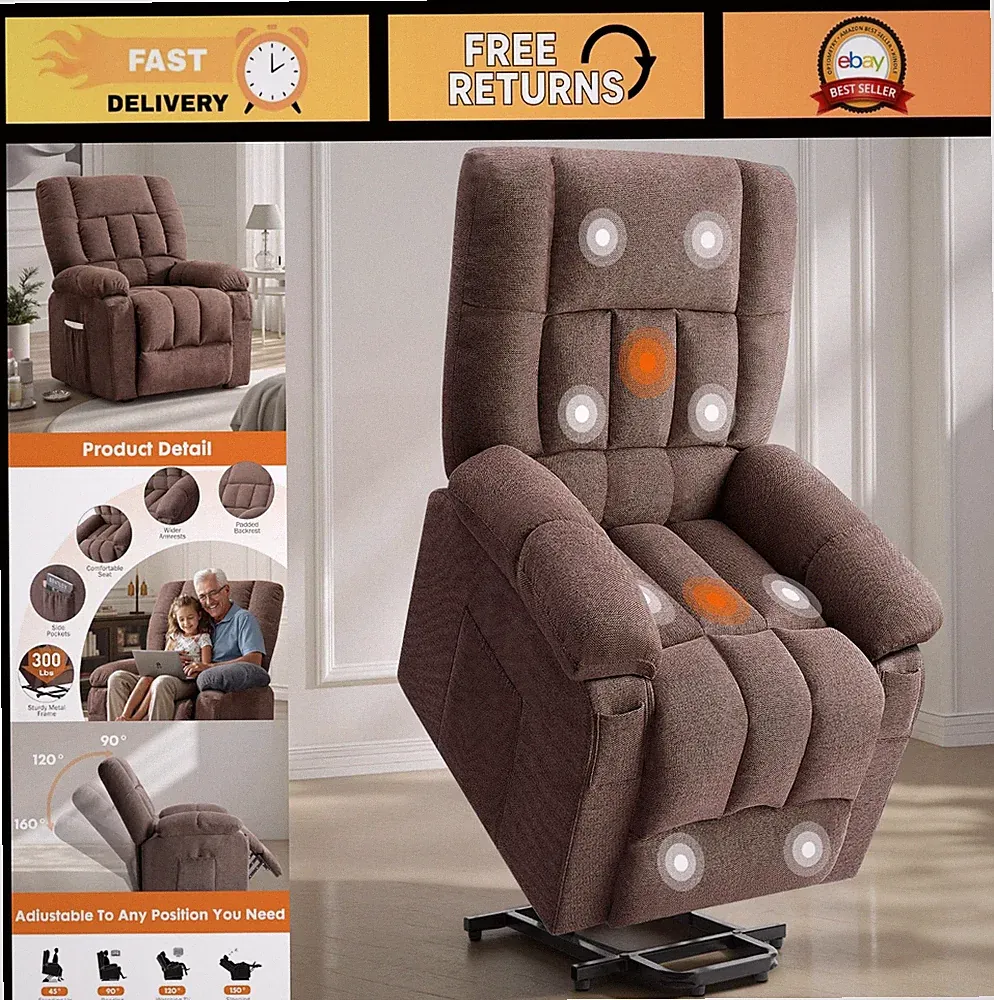 New Listing Ergonomic Power Lift Recliner Chair with Vibration Massage & Heat, Overstuffed