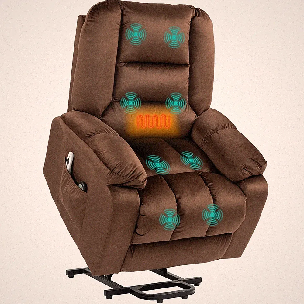 Recliner Chair Dark Brown Velvet Power Lift Massage Heat 135° Recline 45° LiftXL