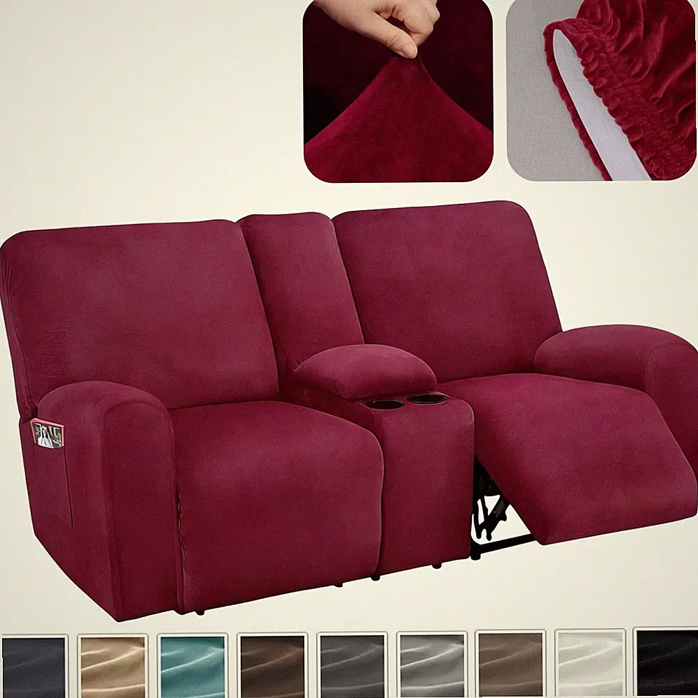 Velvet Love Seat Recliner Slip covers with Middle Console Cover 8-Piece Washable