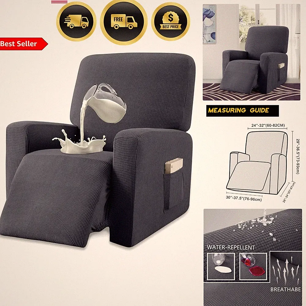 Water-Repellent Recliner Cover Elastic Jacquard Slipcover with Pockets Gray